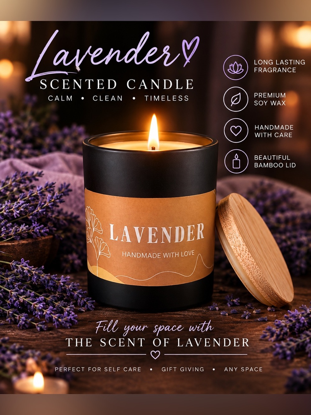 Handmade Lavander Scented Soy Candle — 7 oz | Bamboo Lid